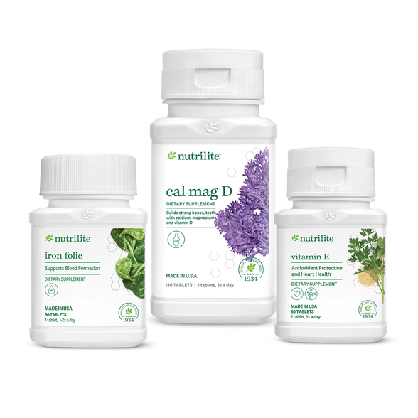 Bộ Dinh Dưỡng Hỗ Trợ Sức Khỏe Phụ Nữ (TP BVSK Nutrilite Vitamin E, TP BVSK Nutrilite Cal Mag D, TPBVSK Nutrilite Iron Folic)